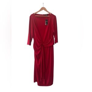 Lauren Ralph Lauren Red Long Sleeve Knot-Front Midi Dress